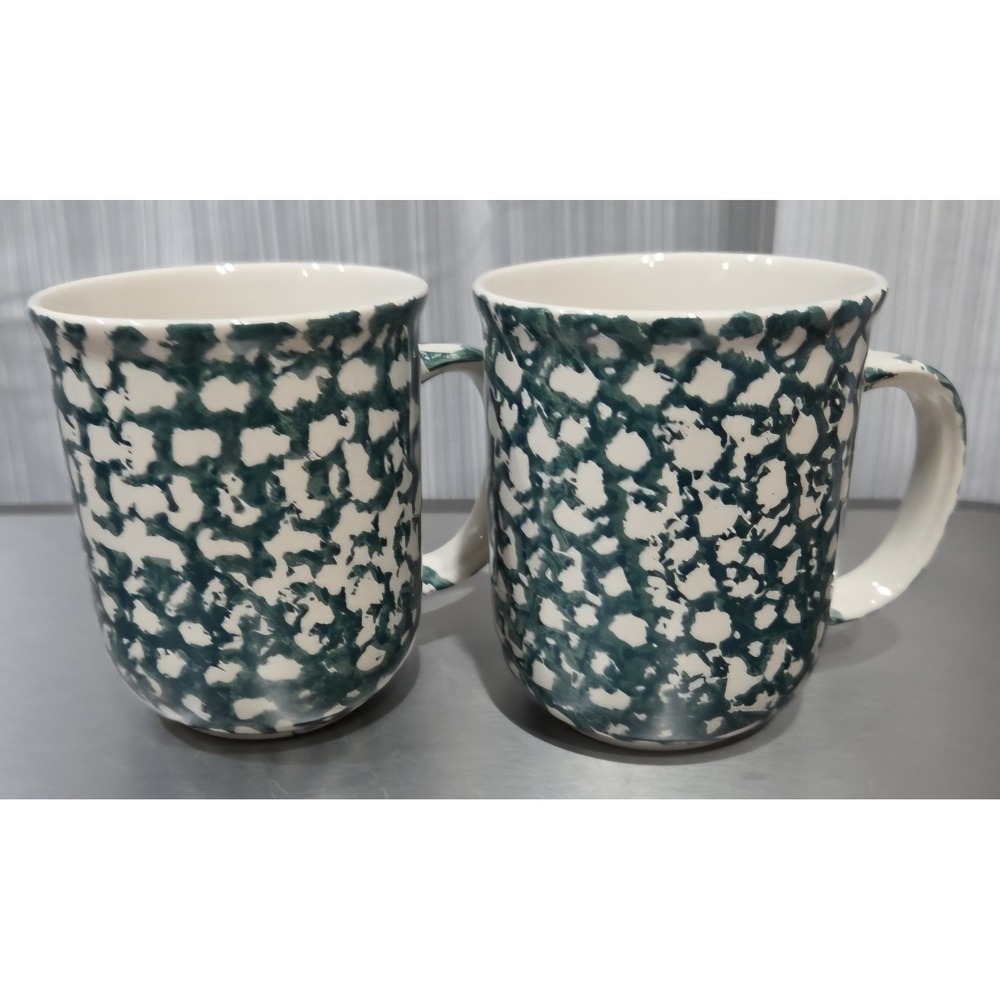 Tienshan Folk Craft Moose Country Coffee Cups Mugs Green White Sponge Set Of 2